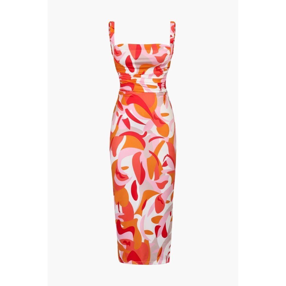 MICAS Women's‎ Abstract Print Maxi Dress Ruched Bodice Cutout Back Side Slit L - Picture 6 of 11